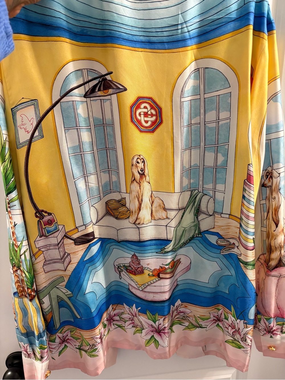 Casablanca Yellow & Blue Decorative Button down 100% silk shirt with Dog Motif